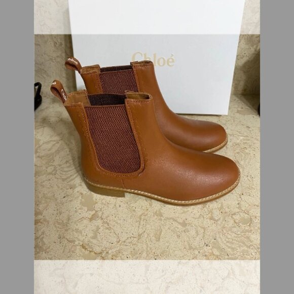 Chloe Girl's Leather Scallop-Trim Ankle Boots, (Color brown Size:35EU (4US KID) - Picture 7 of 11